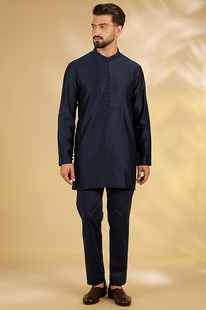 Navy Blue Cotton Silk Wedding Indowestern Set by Devnaagri Men at Pernia's Pop Up Shop