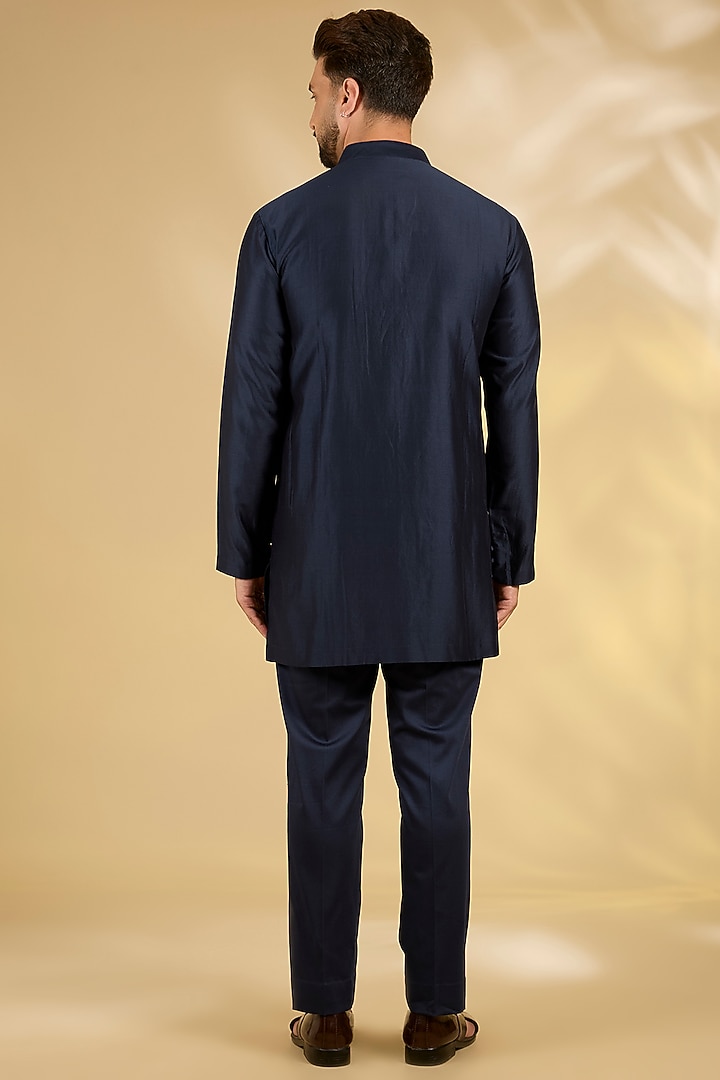 Navy Blue Cotton Silk Wedding Indowestern Set by Devnaagri Men at Pernia's Pop Up Shop