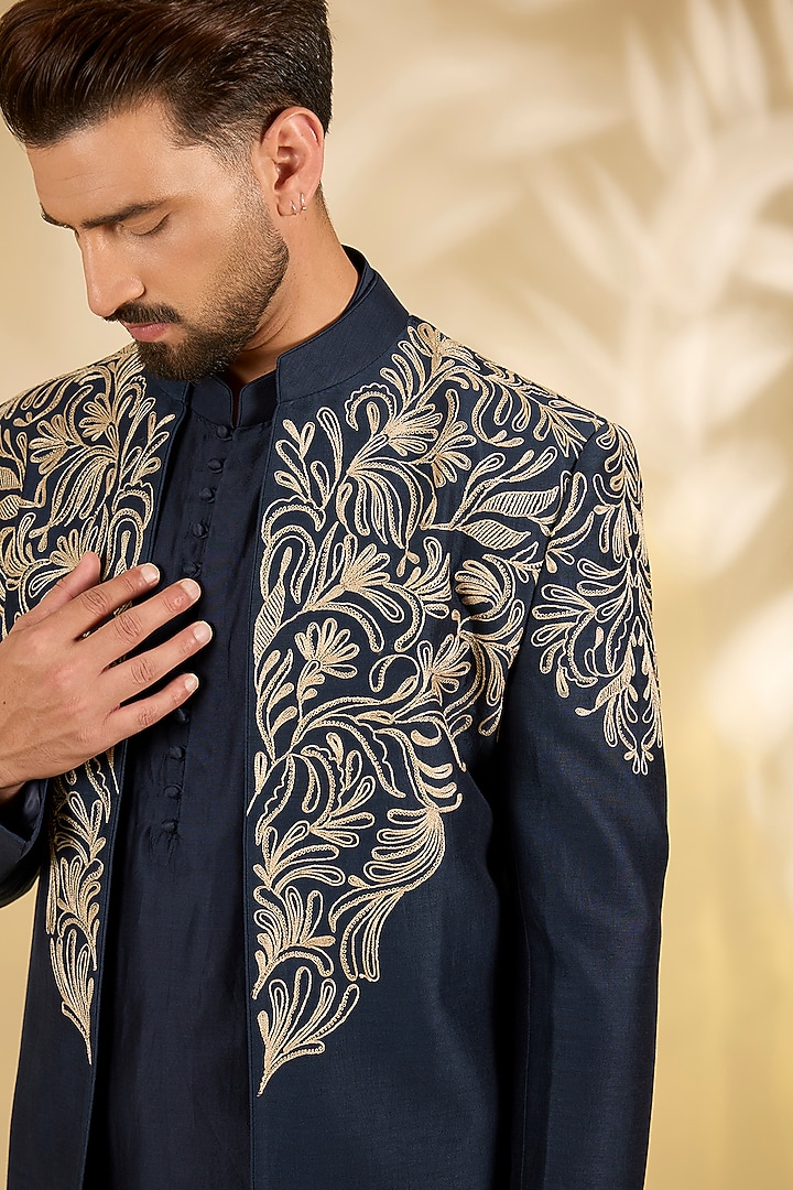Navy Blue Cotton Silk Wedding Indowestern Set by Devnaagri Men at Pernia's Pop Up Shop