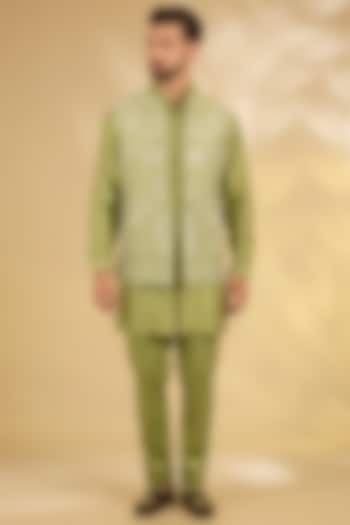 Pista Green Cotton Silk Bundi Jacket Set by Devnaagri Men at Pernia's Pop Up Shop