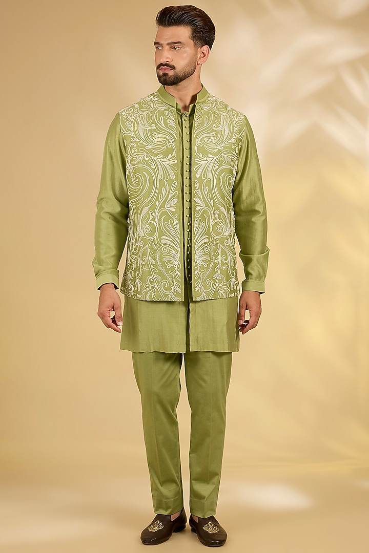 Pista Green Cotton Silk Bundi Jacket Set by Devnaagri Men at Pernia's Pop Up Shop