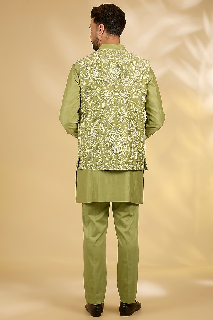Pista Green Cotton Silk Bundi Jacket Set by Devnaagri Men at Pernia's Pop Up Shop