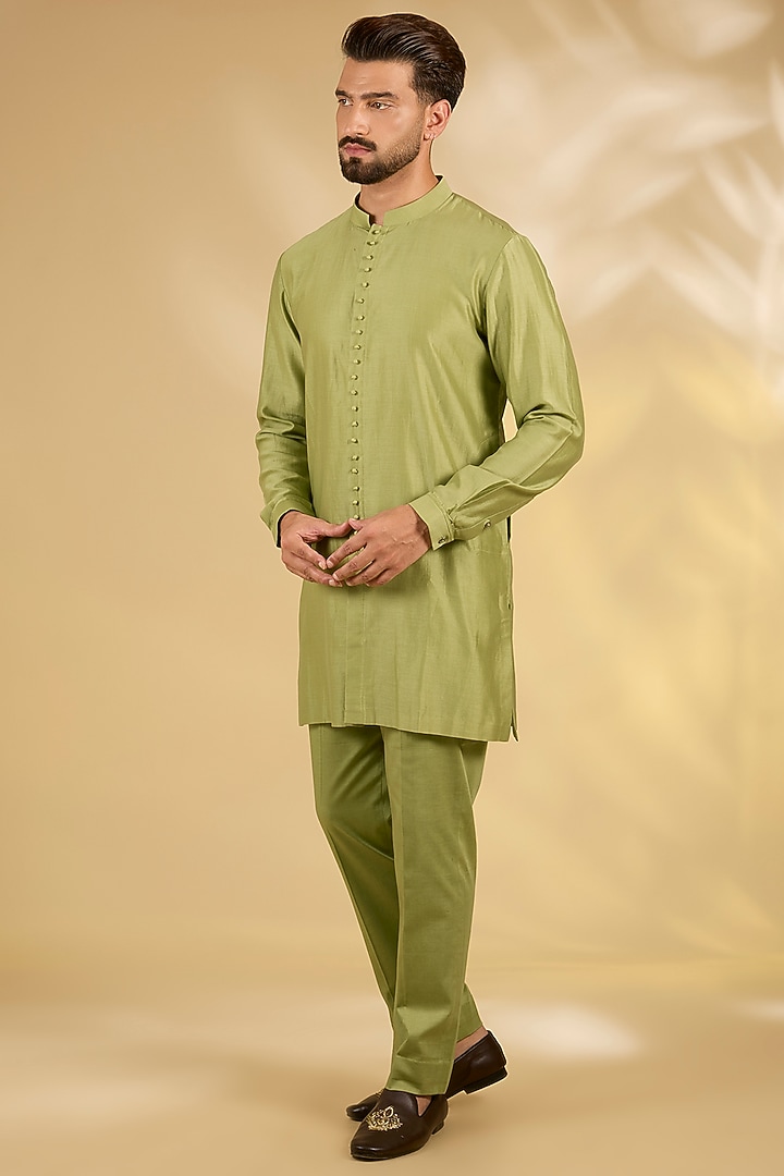Pista Green Cotton Silk Bundi Jacket Set by Devnaagri Men at Pernia's Pop Up Shop
