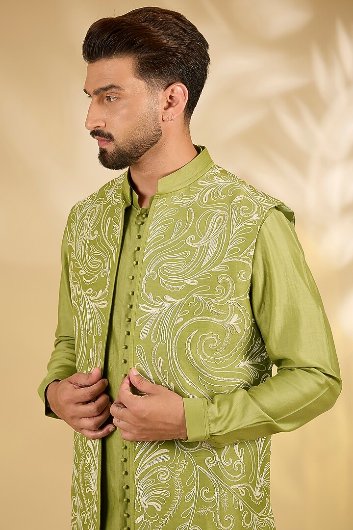 Pista Green Cotton Silk Bundi Jacket Set by Devnaagri Men at Pernia's Pop Up Shop