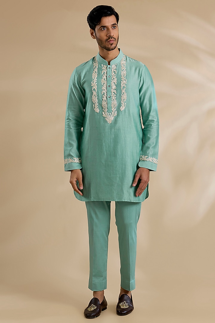 Aqua Silk Chanderi Kurta Set by Devnaagri Men