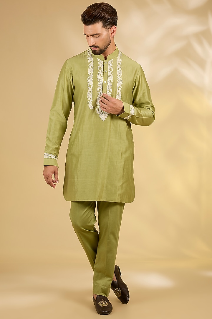 Pista Green Cotton Silk Kurta Set by Devnaagri Men at Pernia's Pop Up Shop