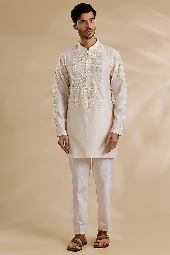 Ivory Silk Chanderi Kurta Set by Devnaagri Men