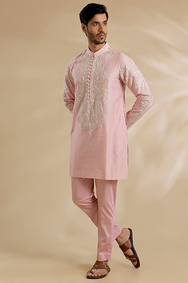 Blush Pink Silk Chanderi Kurta Set by Devnaagri Men
