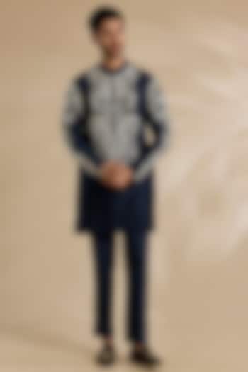 Blue Silk Chanderi Kurta Set by Devnaagri Men