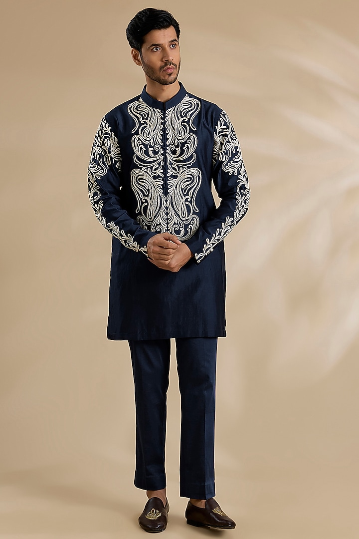 Blue Silk Chanderi Kurta Set by Devnaagri Men