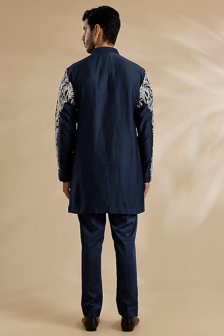 Blue Silk Chanderi Kurta Set by Devnaagri Men at Pernia's Pop Up Shop