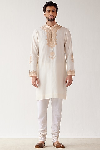 Ivory Embroidered Kurta Set by Devnaagri Men