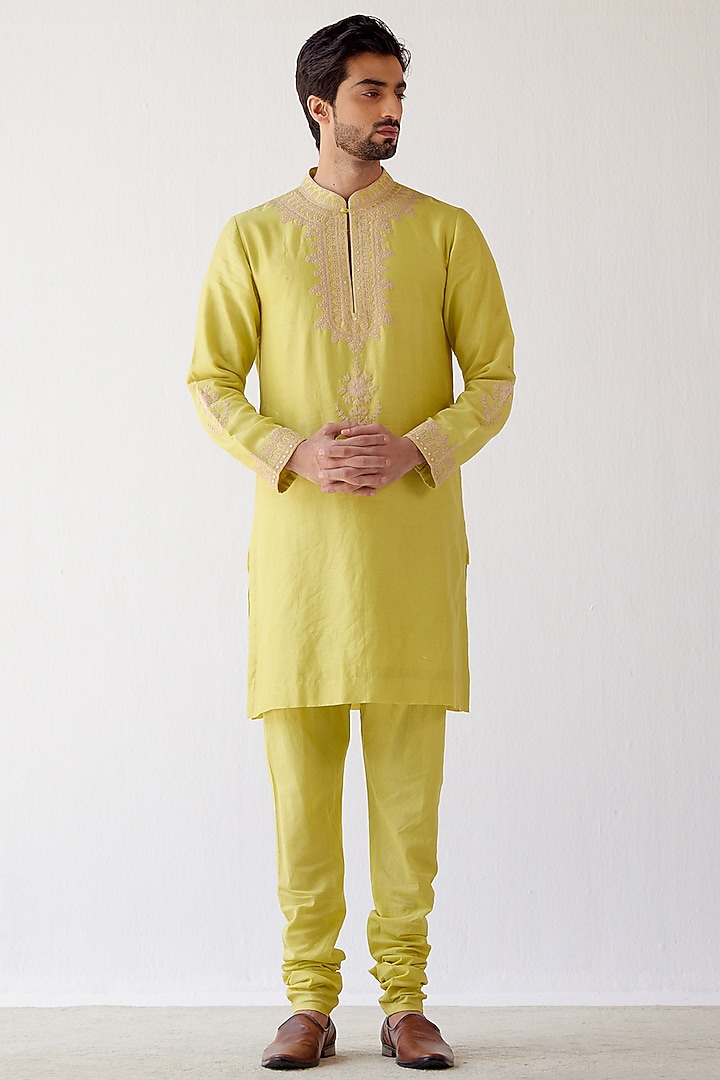 Lime Green Chanderi Dori Embroidered Kurta Set by Devnaagri Men at Pernia's Pop Up Shop