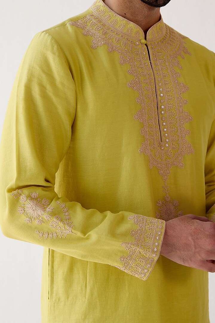 Lime Green Chanderi Dori Embroidered Kurta Set by Devnaagri Men at Pernia's Pop Up Shop