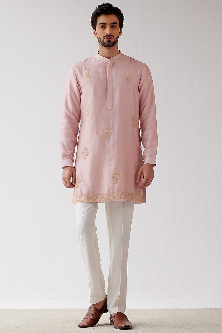 Blush Pink Embroidered Kurta Set by Devnaagri Men