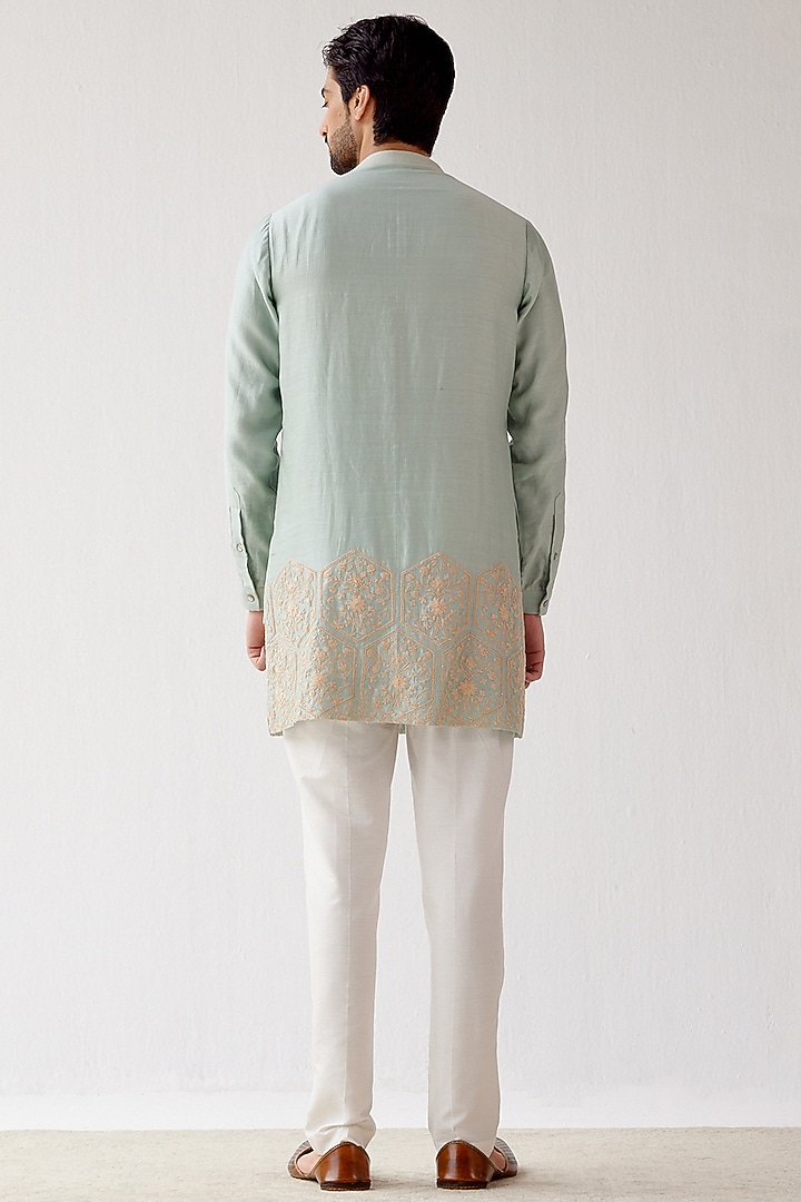 Sage Green Chanderi Dori Embroidered Short Kurta Set by Devnaagri Men at Pernia's Pop Up Shop
