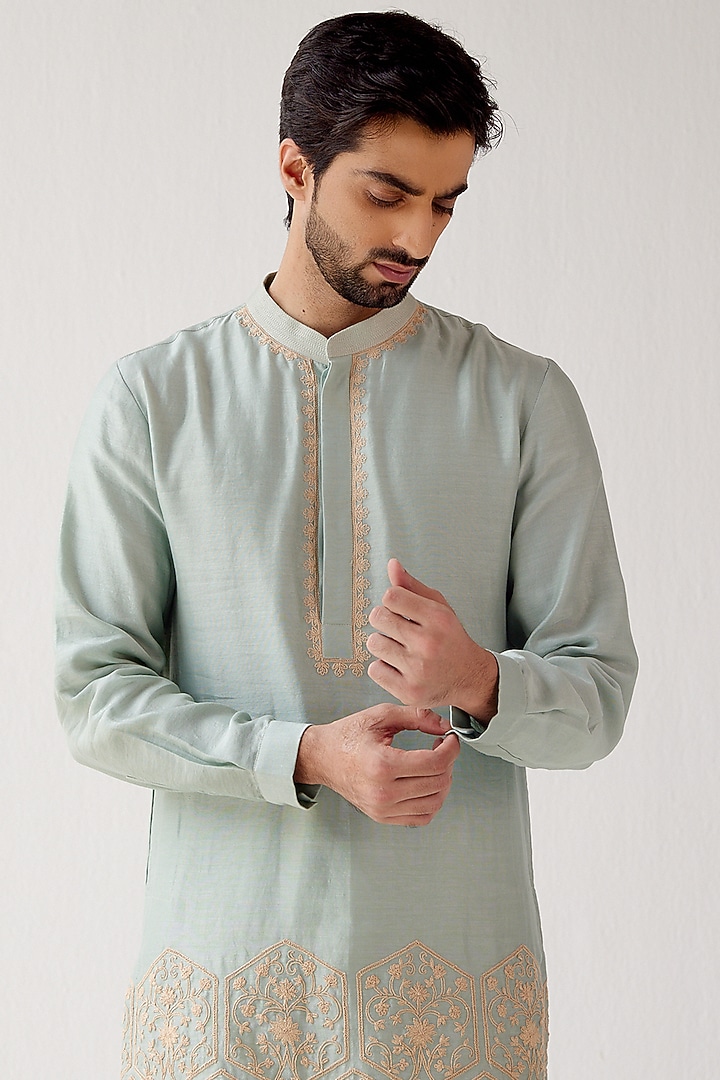 Sage Green Chanderi Dori Embroidered Short Kurta Set by Devnaagri Men at Pernia's Pop Up Shop