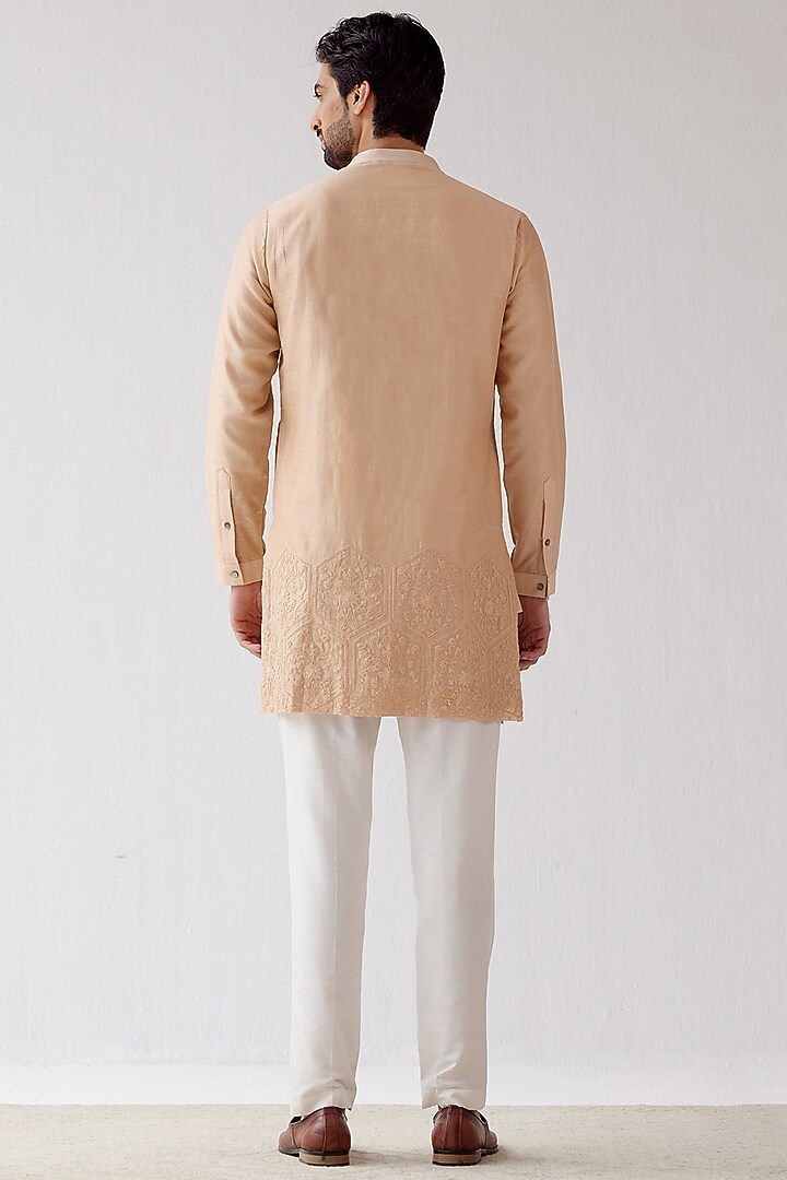 Beige Chanderi Embroidered Kurta Set by Devnaagri Men at Pernia's Pop Up Shop