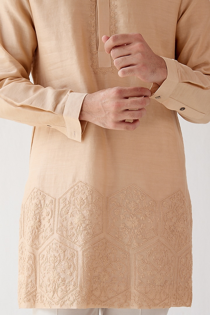 Beige Chanderi Embroidered Kurta Set by Devnaagri Men at Pernia's Pop Up Shop