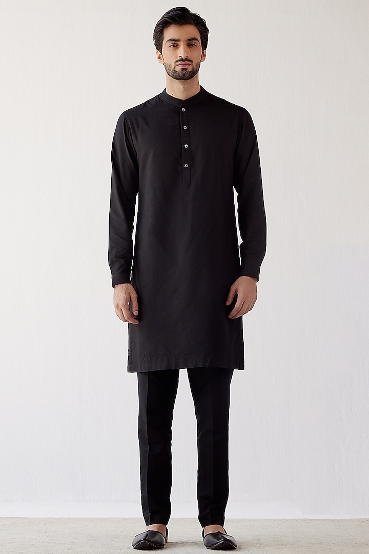 Black Linen Satin Dori Embroidered Bundi Jacket Set by Devnaagri Men at Pernia's Pop Up Shop