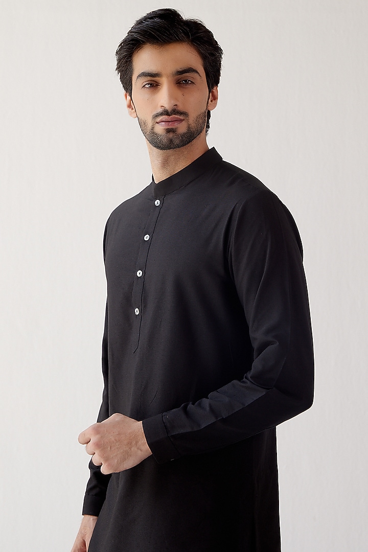 Black Linen Satin Dori Embroidered Bundi Jacket Set by Devnaagri Men at Pernia's Pop Up Shop