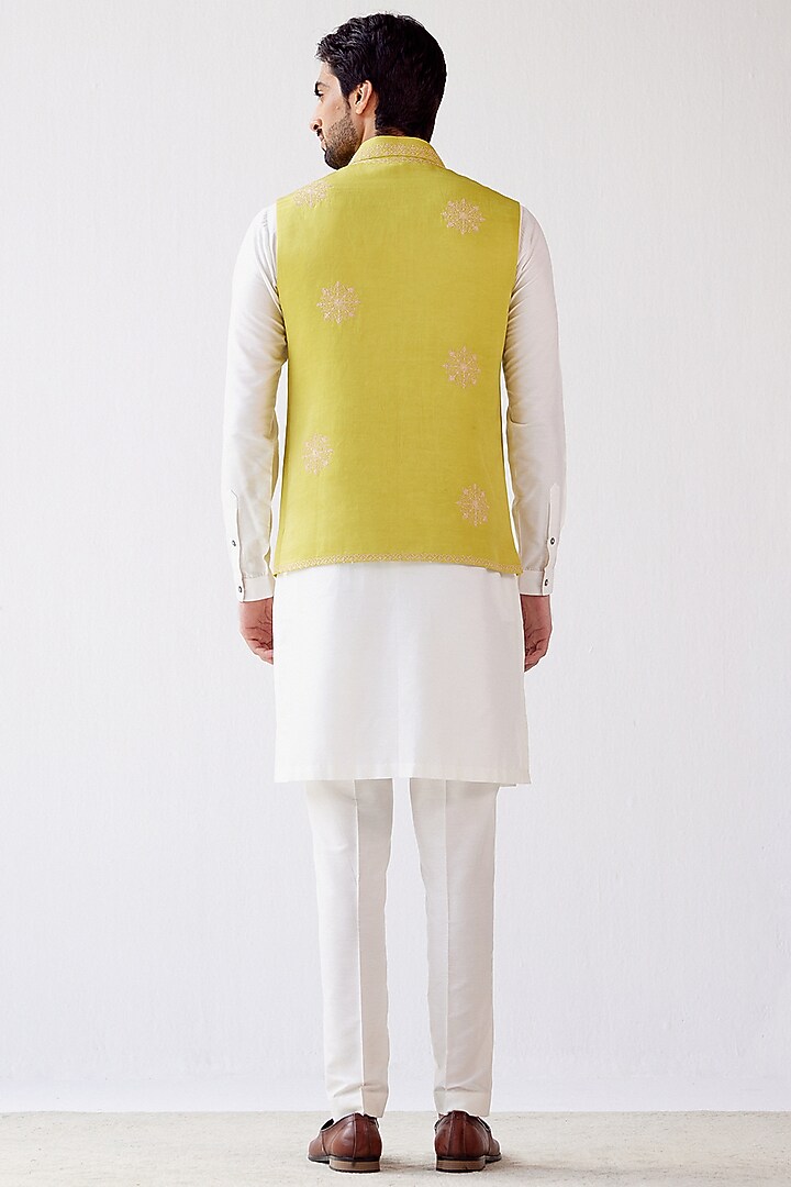 Lime Green Linen Satin Bundi Jacket Set by Devnaagri Men at Pernia's Pop Up Shop