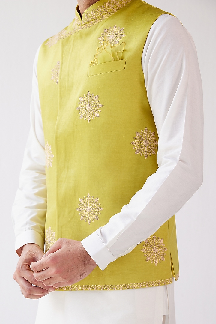 Lime Green Linen Satin Bundi Jacket Set by Devnaagri Men at Pernia's Pop Up Shop
