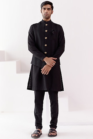 Black Cotton Silk Blend Bundi Jacket Set by Devnaagri Men
