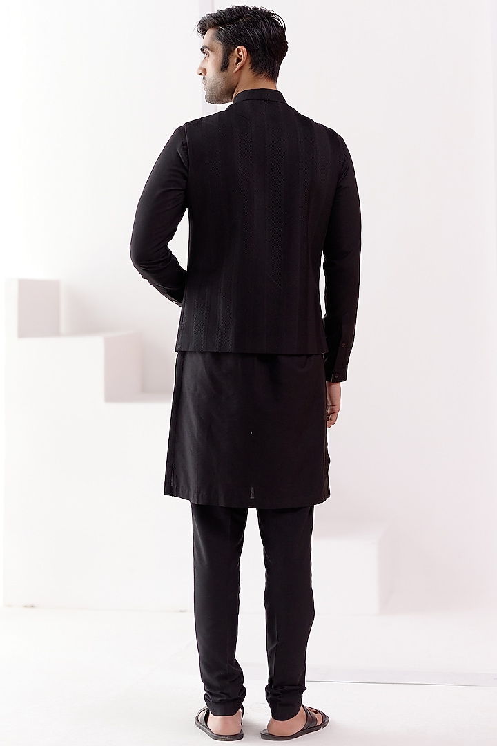 Black Cotton Silk Blend Bundi Jacket Set by Devnaagri Men at Pernia's Pop Up Shop
