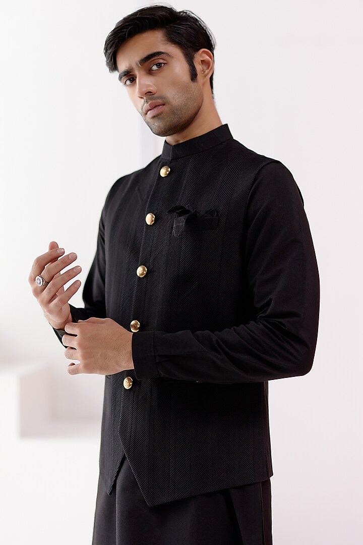 Black Cotton Silk Blend Bundi Jacket Set by Devnaagri Men at Pernia's Pop Up Shop