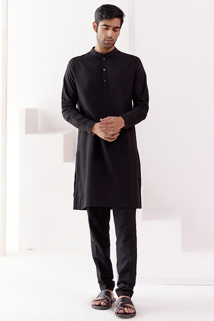 Black Cotton Silk Blend Bundi Jacket Set by Devnaagri Men at Pernia's Pop Up Shop