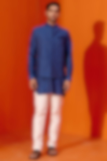 Royal Blue Cotton Silk Blend Bundi Jacket Set by Devnaagri Men at Pernia's Pop Up Shop