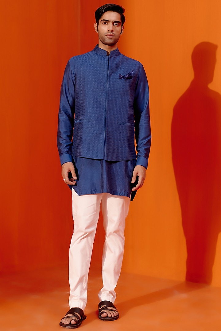 Royal Blue Cotton Silk Blend Bundi Jacket Set by Devnaagri Men at Pernia's Pop Up Shop
