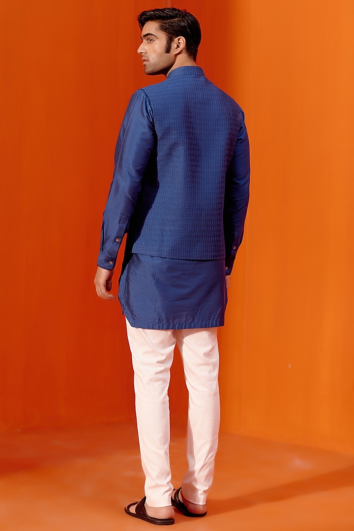 Royal Blue Cotton Silk Blend Bundi Jacket Set by Devnaagri Men at Pernia's Pop Up Shop