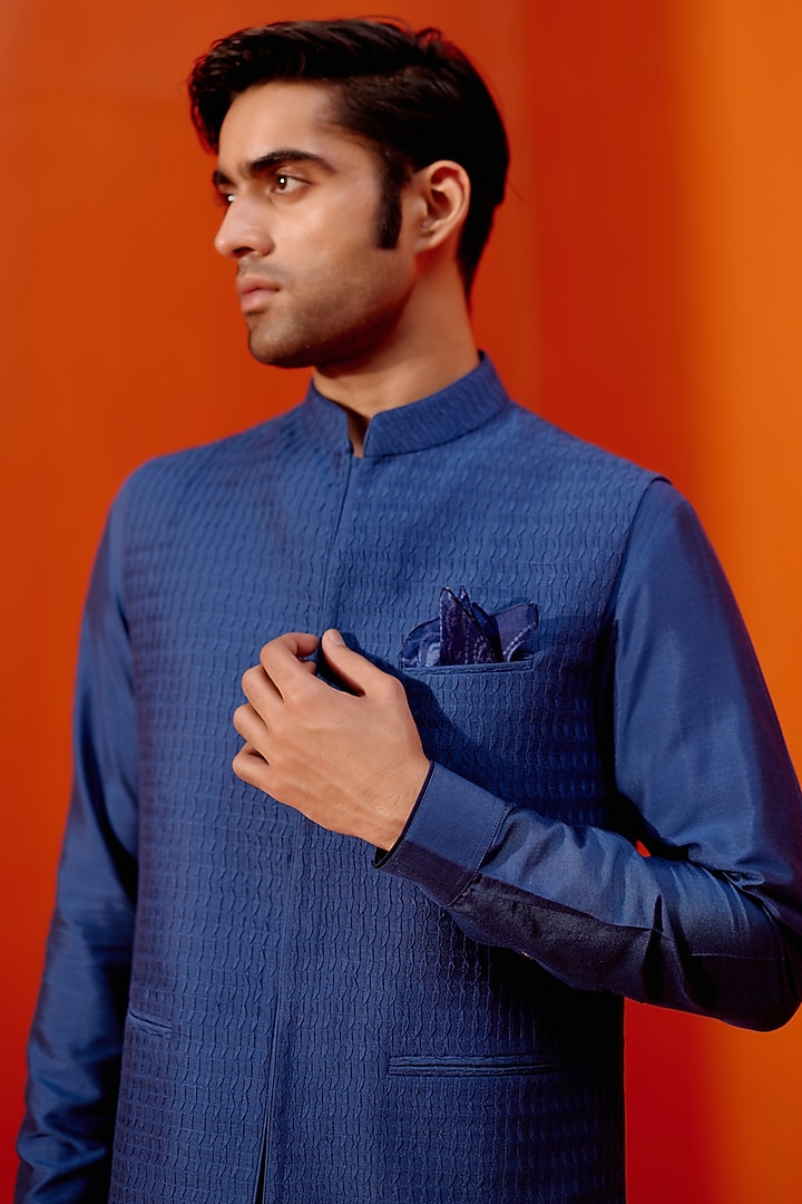 Royal Blue Cotton Silk Blend Bundi Jacket Set by Devnaagri Men at Pernia's Pop Up Shop