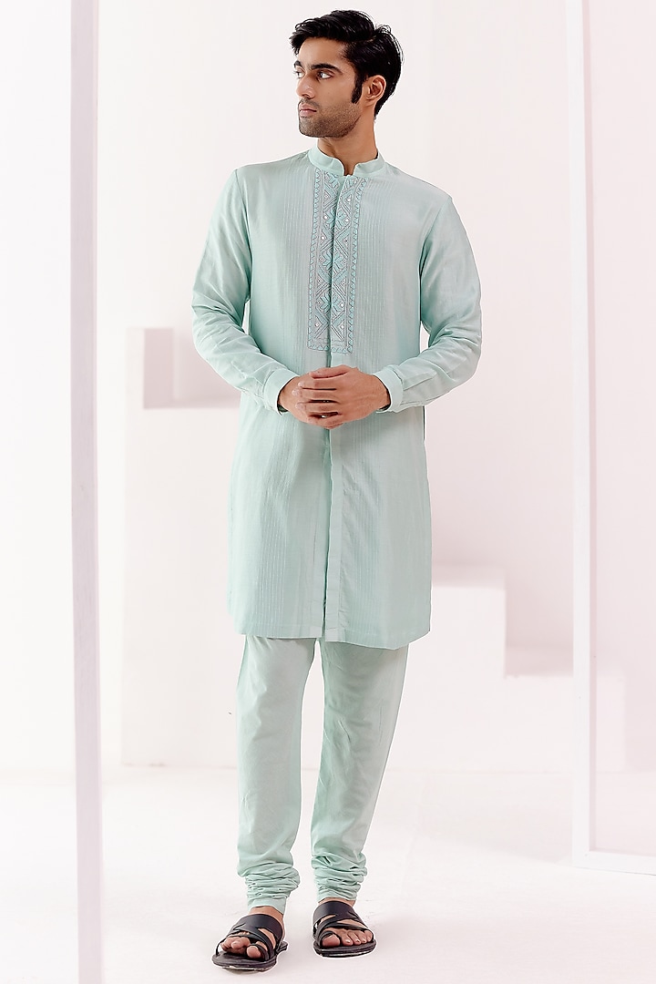 Aqua Blue Silk Chanderi Thread Embroidered Kurta Set by Devnaagri Men at Pernia's Pop Up Shop