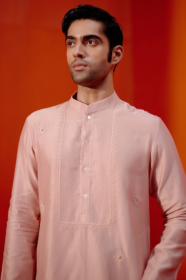 Blush Pink Silk Chanderi Dori Embroidered Kurta Set by Devnaagri Men at Pernia's Pop Up Shop