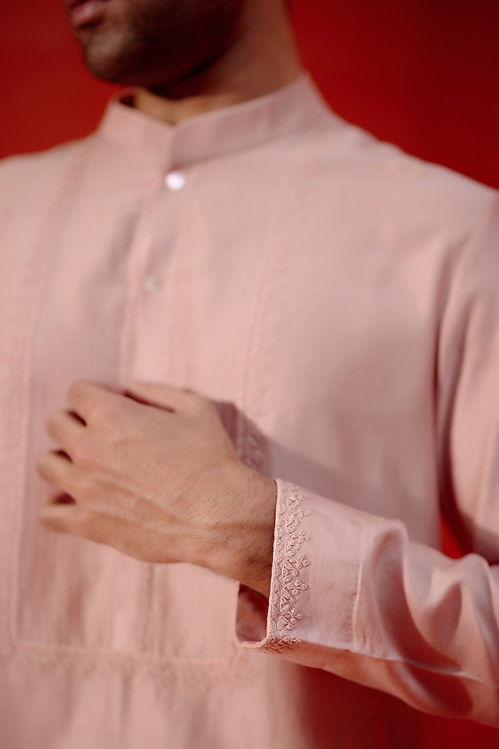 Blush Pink Silk Chanderi Dori Embroidered Kurta Set by Devnaagri Men at Pernia's Pop Up Shop