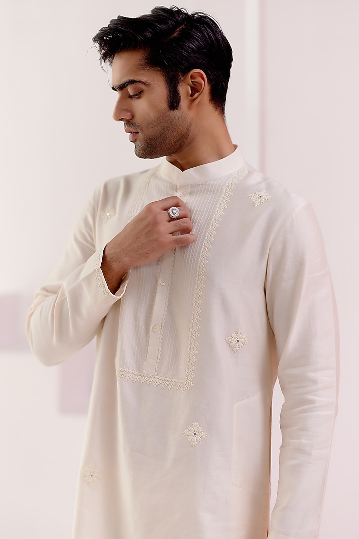Ivory Silk Chanderi Dori Embroidered Kurta Set by Devnaagri Men at Pernia's Pop Up Shop