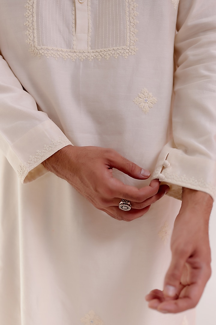 Ivory Silk Chanderi Dori Embroidered Kurta Set by Devnaagri Men at Pernia's Pop Up Shop