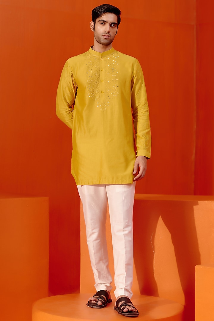 Mustard Silk Chanderi Dori Embroidered Kurta Set by Devnaagri Men