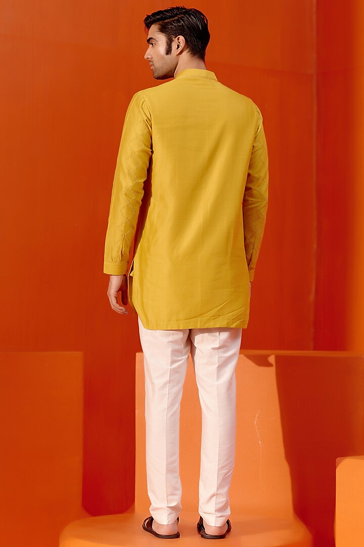 Mustard Silk Chanderi Dori Embroidered Kurta Set by Devnaagri Men at Pernia's Pop Up Shop