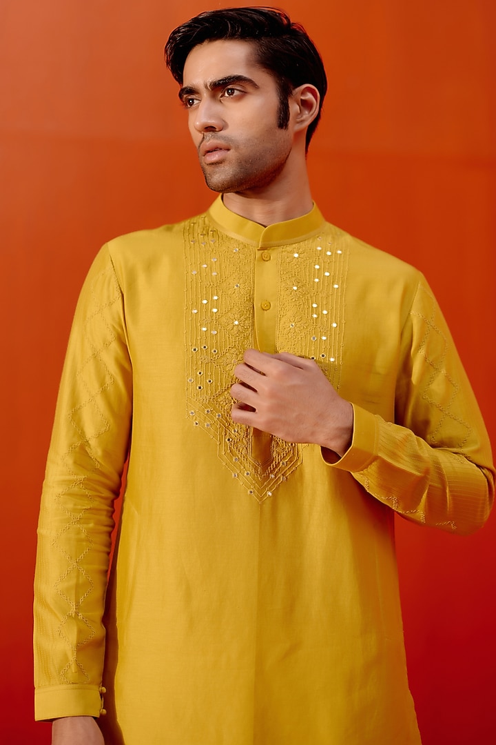 Mustard Silk Chanderi Dori Embroidered Kurta Set by Devnaagri Men at Pernia's Pop Up Shop