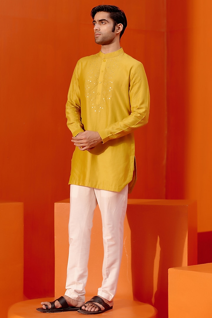 Mustard Silk Chanderi Dori Embroidered Kurta Set by Devnaagri Men at Pernia's Pop Up Shop