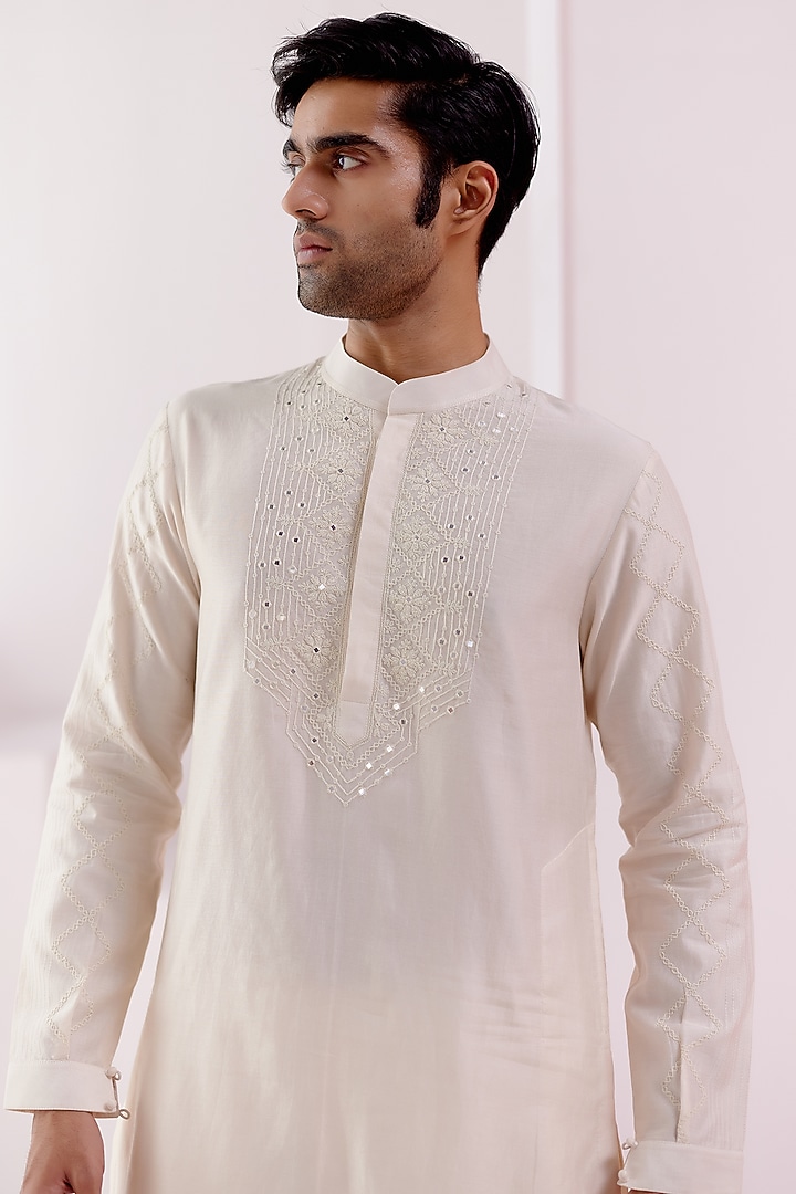 Ivory Silk Chanderi Dori Embroidered Kurta Set by Devnaagri Men at Pernia's Pop Up Shop