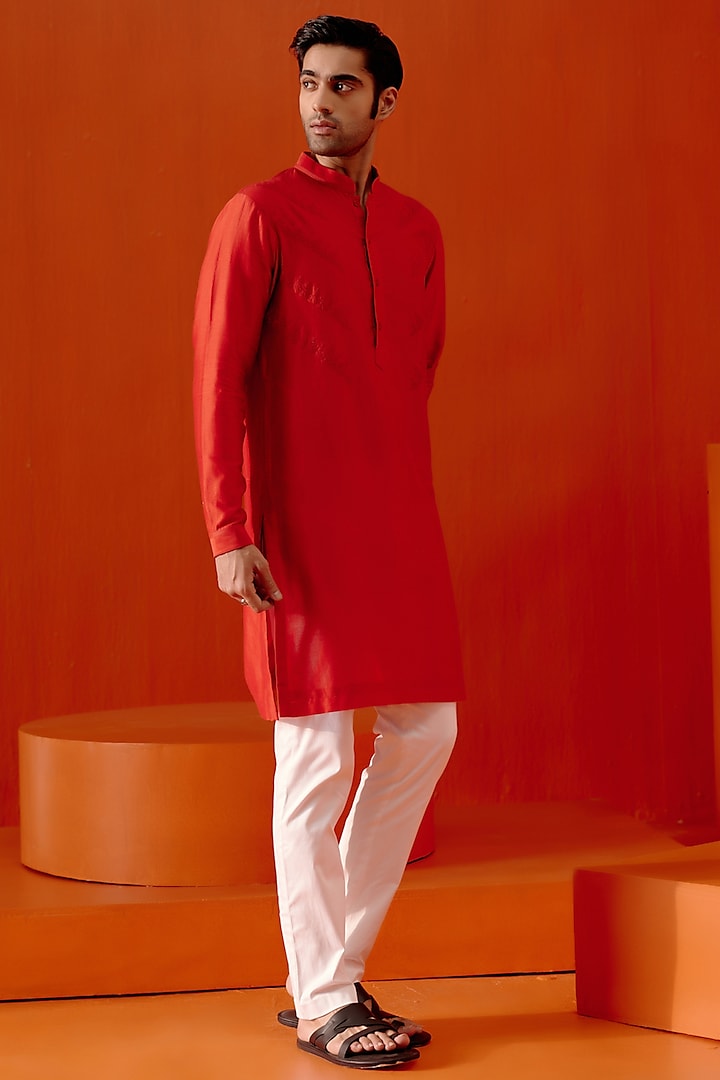 Red Silk Chanderi Dori Embroidered Kurta Set by Devnaagri Men