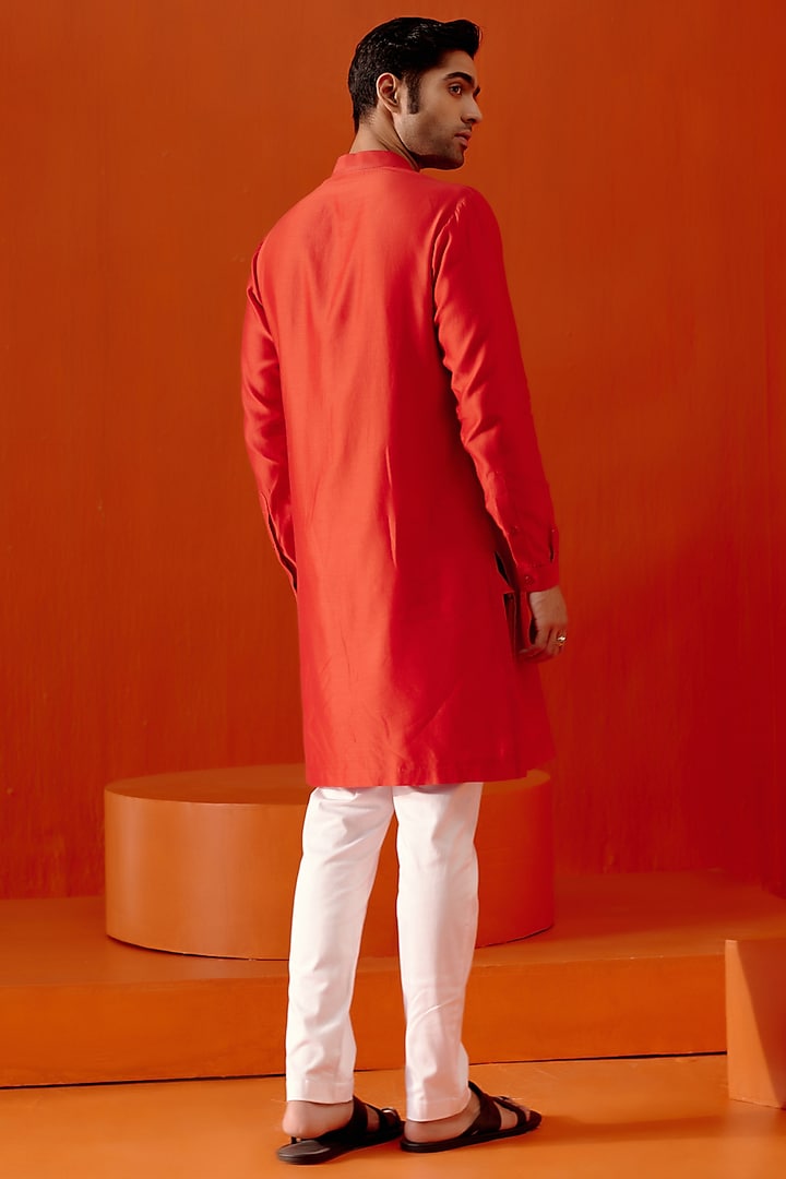 Red Silk Chanderi Dori Embroidered Kurta Set by Devnaagri Men at Pernia's Pop Up Shop