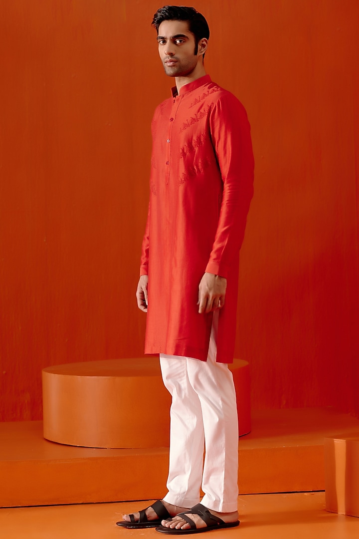 Red Silk Chanderi Dori Embroidered Kurta Set by Devnaagri Men at Pernia's Pop Up Shop