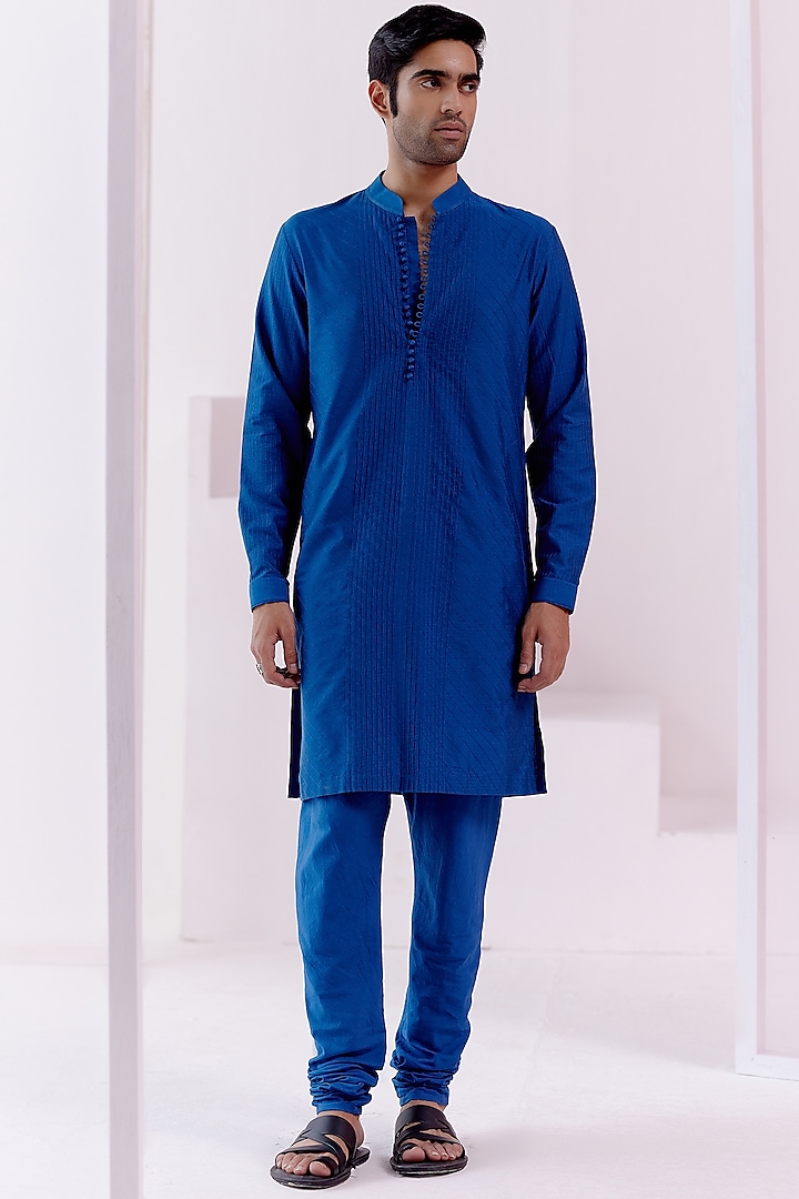 Devnaagri Mens Royal Blue Pin Tucks Detailed Kurta Set | Devnaagri L