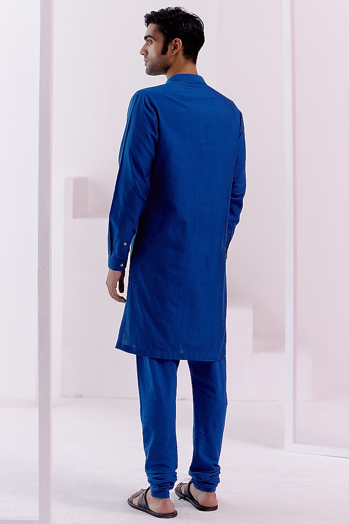 Royal Blue Silk Chanderi Pintuck Kurta Set by Devnaagri Men at Pernia's Pop Up Shop